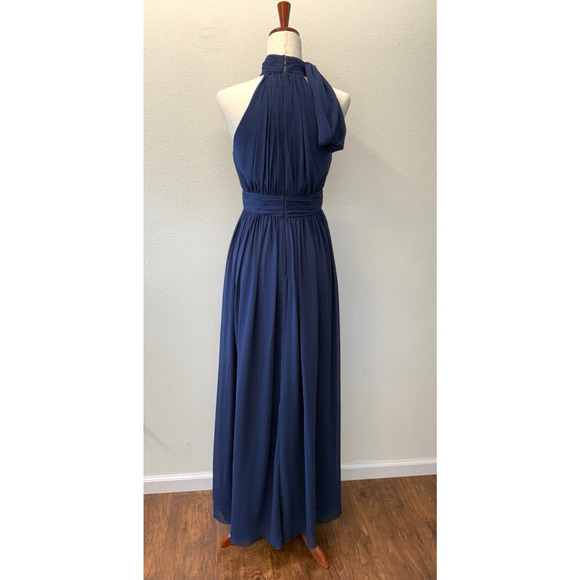 Mac Duggal Ieena Maxi Gown Dress Womens Size 4 Navy Blue High Neck Bow Pleated - Picture 2 of 7